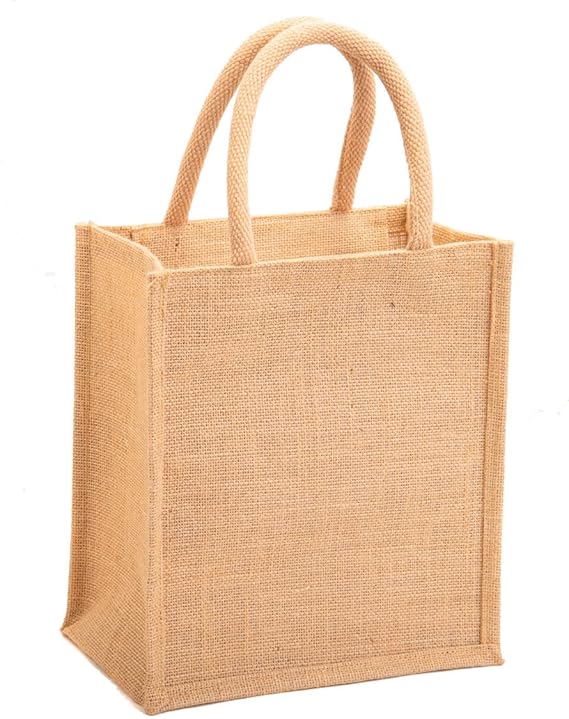 H&B Jute Lunch Bag for Men, Women, Girls - Travel Handbag With Zip Bottle Holder - Solid Colors